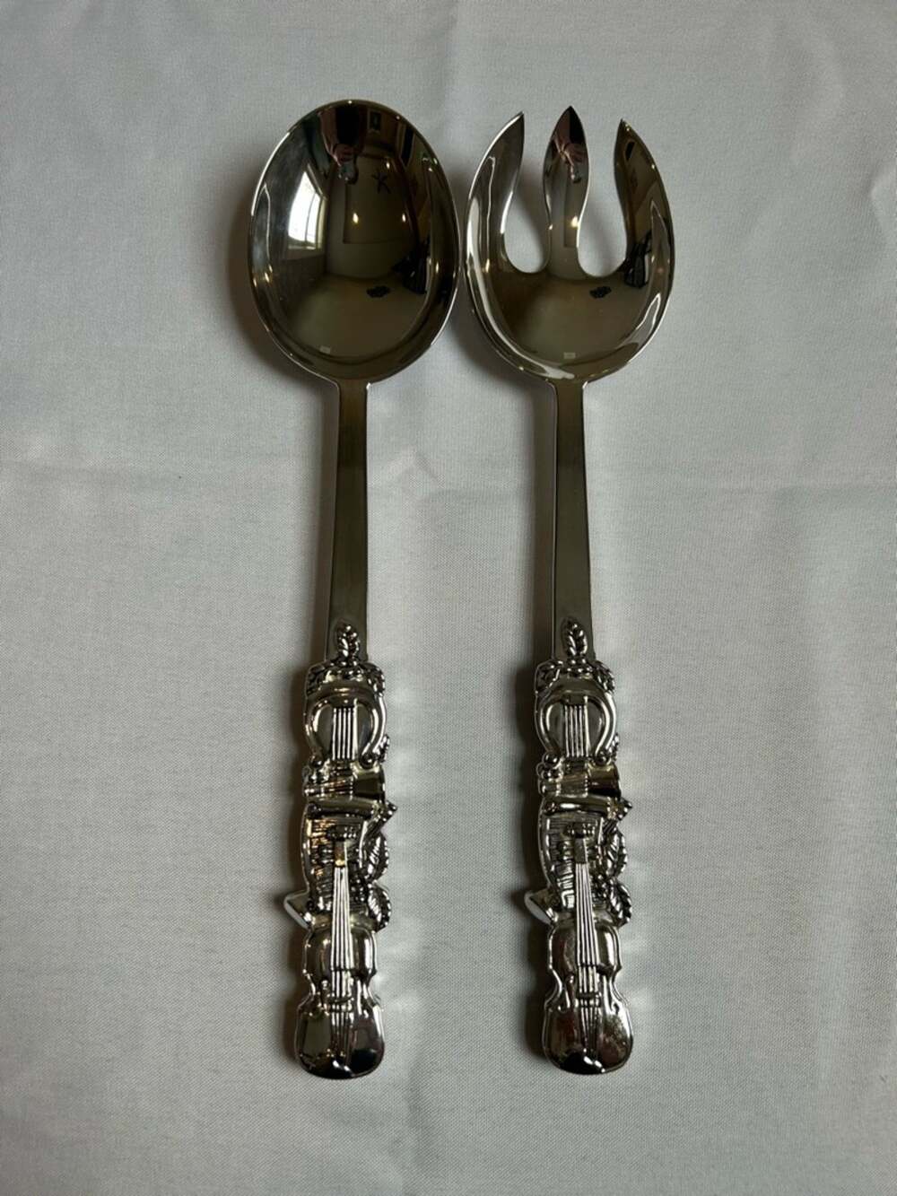 Godinger Silver Plate Salad Spoon & Fork Holiday Violin & Harp